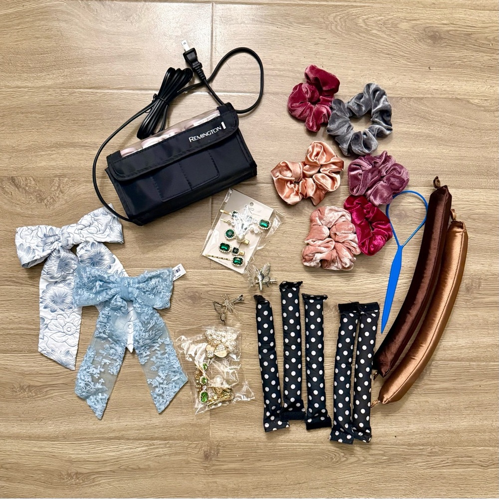 Remington hot rollers, hair rollers, velvet scrunchies, bows and clips!